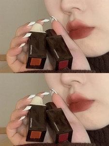 Close-up of velvet matte lip glaze shades in reddish brown and rose on a model