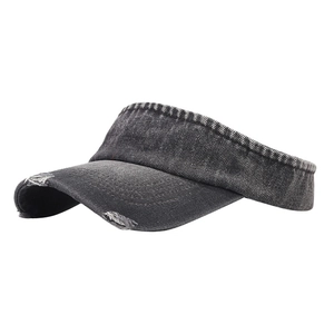 Vintage dark gray distressed denim sun visor with stylish frayed hole design and open top