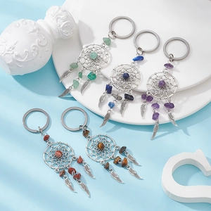 Dreamcatcher keychain with natural crystal stones and silver metal feather charms