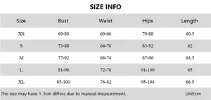 Detailed size chart for printed sequin mini dress showing measurements in cm from XS to XL