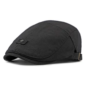 Classic black linen beret hat with adjustable metal buckle and retro side detail