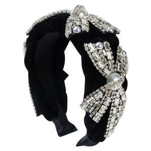 Samt-Haarreif geflochten mit Strass-Schleife und Perlen für elegante Damen-Frisuren