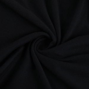 Close-up of the soft black knitted fabric texture with elegant draped swirling pattern