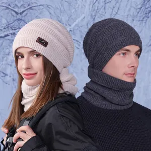 Berretto E Sciarpa Invernali In Maglia Acrilica Foderati In Pile Termico Antivento Sport All'Aperto Toppa In Pelle Uomo Donna