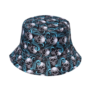 Streetwear black bucket hat with white skull and turquoise octopus tentacle print