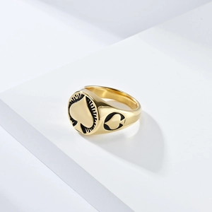 Minimalist gold stainless steel signet ring with black Ace of Spades spade pattern
