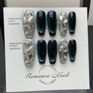 Handmade Press On Nails Long Coffin Green Cat Eye Silver Glitter 3D Resin Rhinestones Luxury Elegant Women