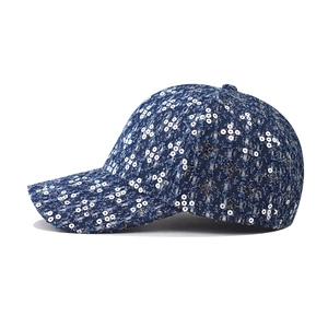 Premium thick denim baseball cap with sequin clover and studs in dark blue finish