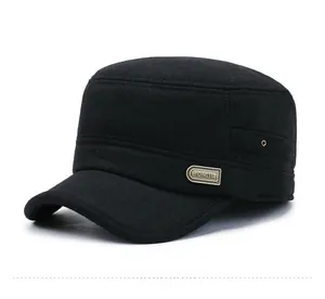 Detail view of winter wool flat top hat featuring side metal logo and breathable eyelet