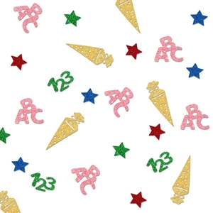 Close-up of glittery ABC letters, 123 numbers, school cones and colorful star confetti