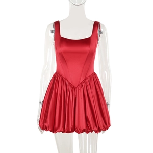 Sleeveless red satin mini dress with square neck and flared hem on invisible model