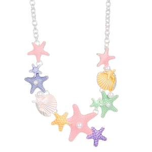 Collana lunga con stelle marine e conchiglie con perle e smalto macaron argento