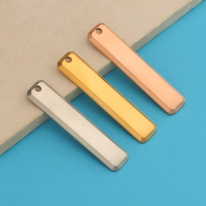 Vertical rectangular steel bar pendants in silver, gold, and rose gold with brushed finish