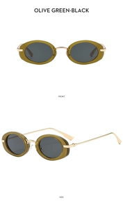 Front and side view of olive green oval sunglasses with black lenses and gold metal temples