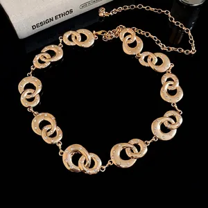 Golden geometric interlocking circles waist chain with sparkling rhinestones decoration