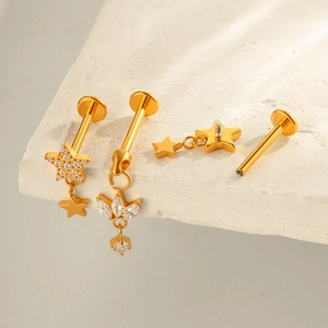 F136 Titanium gold lip ring set with zircon stars and leaf pendants on stone