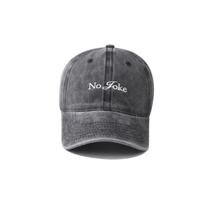 Dark grey washed cotton baseball cap with No Joke embroidery and vintage street style