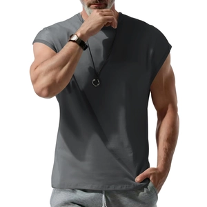 Detailed front view of men's dark gray sleeveless tank top in casual loose fit