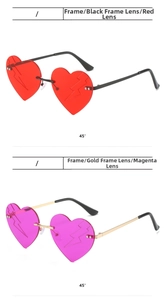 Close-up of heart-shaped sunglasses featuring unique lightning patterns and metal trim