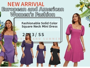 Detail view of square neck puff sleeve mini dress in various solid summer colors