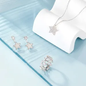 925 Sterling Silver Jewelry Set For Women Pave Zirconia Star Necklace Earrings Ring Elegant Celestial Fashion Jewelry Set