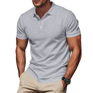 Close-up of grey quick-dry polo shirt showing breathable piqué knit texture on model