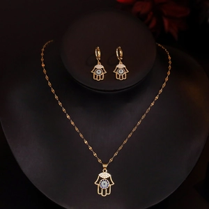 18K gold plated Hamsa Hand jewelry set featuring sparkling blue zircon evil eye detail