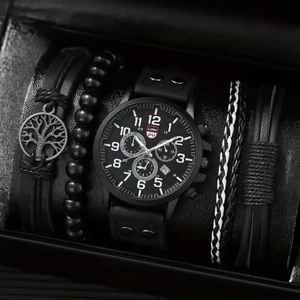 Men's stylish black quartz watch set with four unique fashion bracelets in a premium gift box
