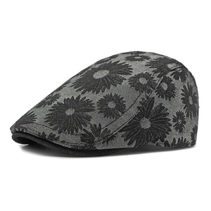 Casquette plate grise style britannique avec motifs de tournesols noirs en coton rigide