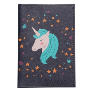 Dark blue PU leather passport cover featuring a cute cartoon unicorn and stars pattern