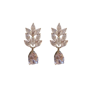 Silver needle wheat drop earrings with sparkling zircon stones in a minimalist style
