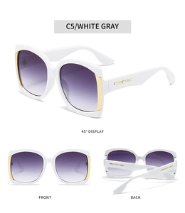 White square fashion sunglasses with purple gradient lenses and gold metal accents