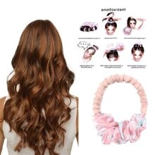 Pink velvet heatless hair curler set with step-by-step instructions for bun styling