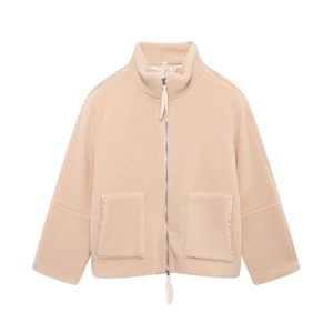 Beige faux shearling zip-up jacket with standing collar and large front pockets