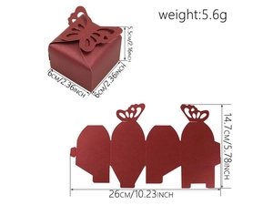 Detail of burgundy laser-cut butterfly gift box with flat layout and dimensions