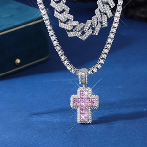 Sparkling pink cross pendant on silver iced-out cuban and tennis chain necklace set