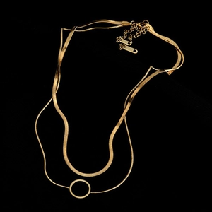 Double-layered golden stainless steel necklace with snake chain and round pendant