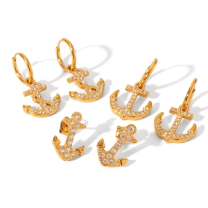 18K gold plated stainless steel anchor hoop and stud earrings with sparkling crystals
