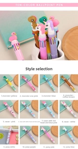 Detail of 10-color retractable ballpoint pen with cartoon unicorn and dinosaur toppers