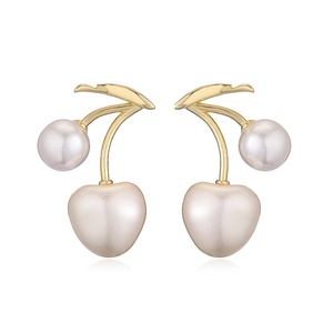Elegant cherry stud earrings with golden leaves and heart-shaped white shell pearls