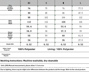 Detailed sizing chart and material specs for women casual long sleeve blazer jacket