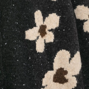 Vintage floral jacquard V-neck knit cardigan with beige and brown flowers on black base