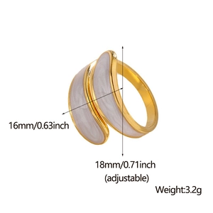 Adjustable gold stainless steel ring with white enamel inlay and streamlined design