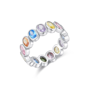 Elegant S925 sterling silver ring featuring an eternity band of colorful oval gemstones