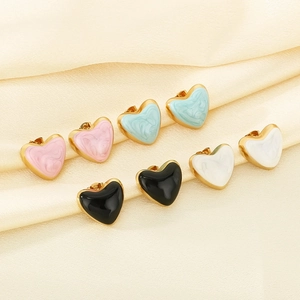 Colorful enamel heart stud earrings set in pink green black and white stainless steel