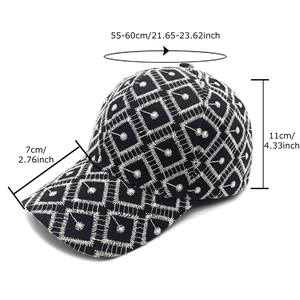 Black embroidered baseball cap with white geometric patterns and size measurements