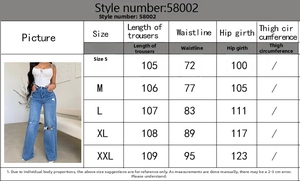 Detailed size chart for high waist ripped wide leg jeans with length and waist measurements