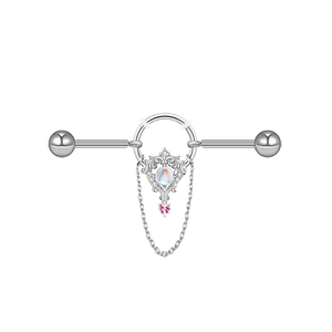 Detaillierter Industrial-Stab mit Mondstein-Anhänger und rosa Herz-Zirkonia-Charme