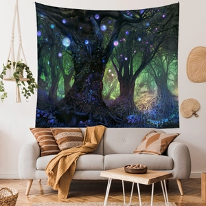 Enchanted forest wall tapestry with glowing orbs for modern home wall decor