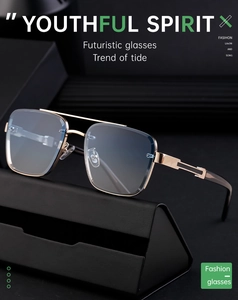 Close-up of futuristic square gold metal frame with gradient blue resin lenses